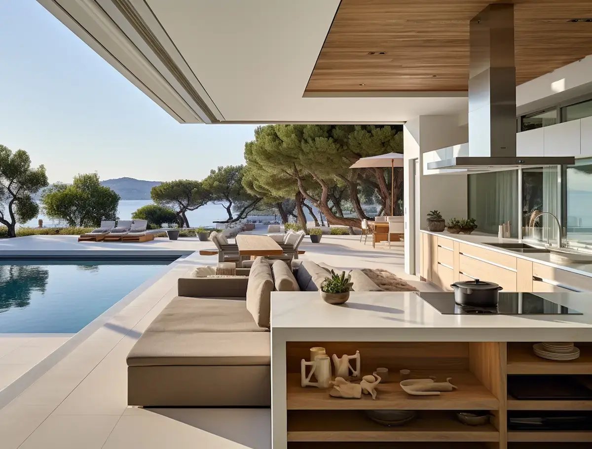 Elegante villa mediterranea contemporanea con area living outdoor, cucina esterna, piscina infinity e terrazza affacciata sul mare
