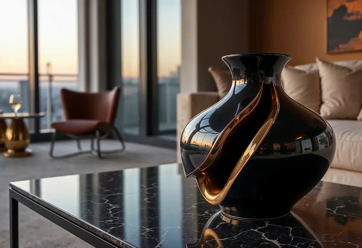 Elemento d'arredo di lusso con vaso decorativo su tavolino in un elegante soggiorno moderno di una residenza esclusiva
