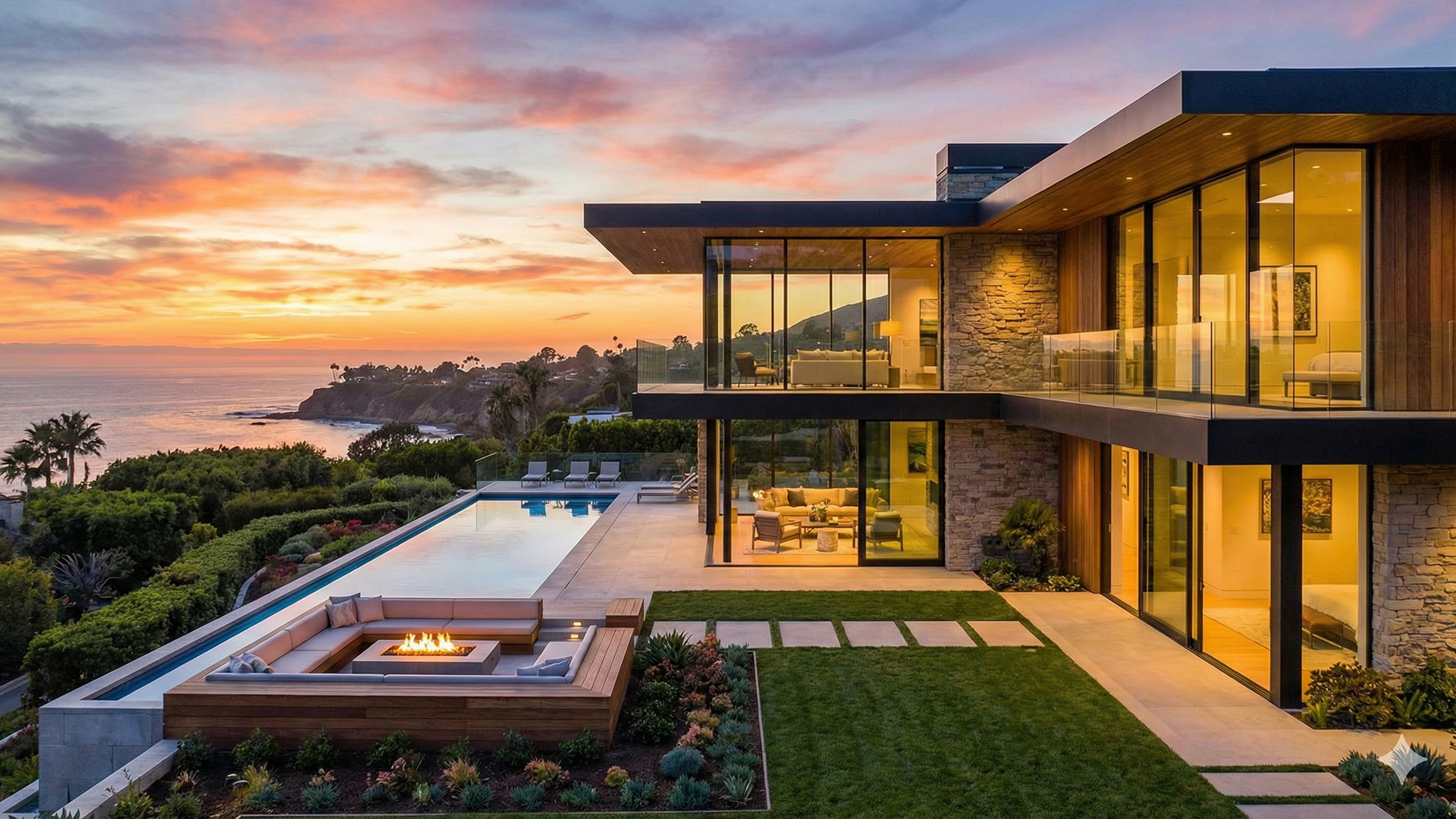 Elegante villa mediterranea contemporanea con area living outdoor, cucina esterna, piscina infinity e terrazza affacciata sul mare